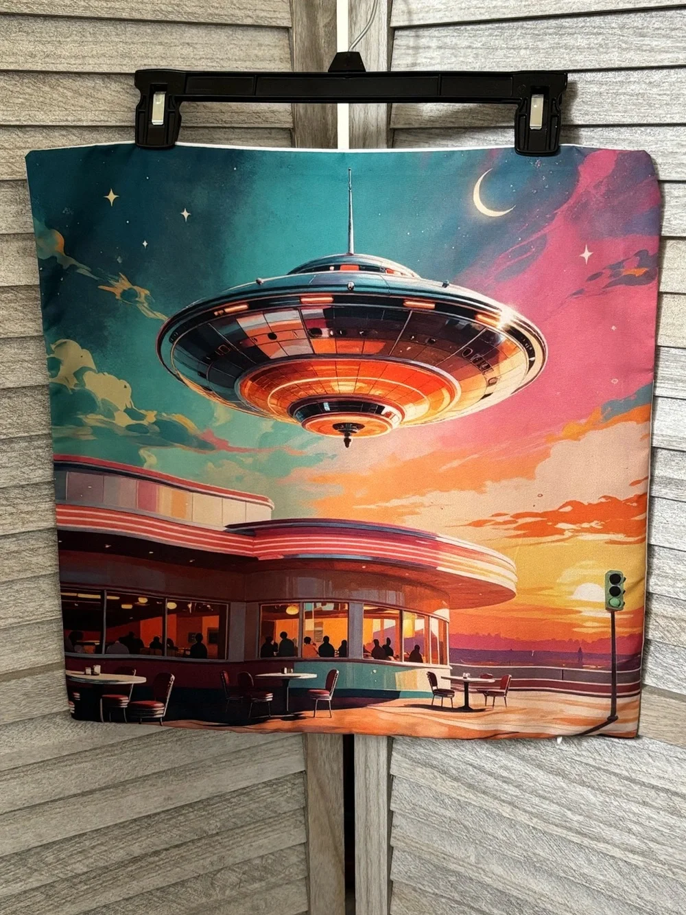 NEW Googie Neon “Twilight Diner” Retro UFO Dopamine Decor Throw Pillow 18”Wx17L